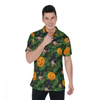 Funny Custom Face With Witch's Hat Halloween Pumpkin Hawaiian Polo Shirt