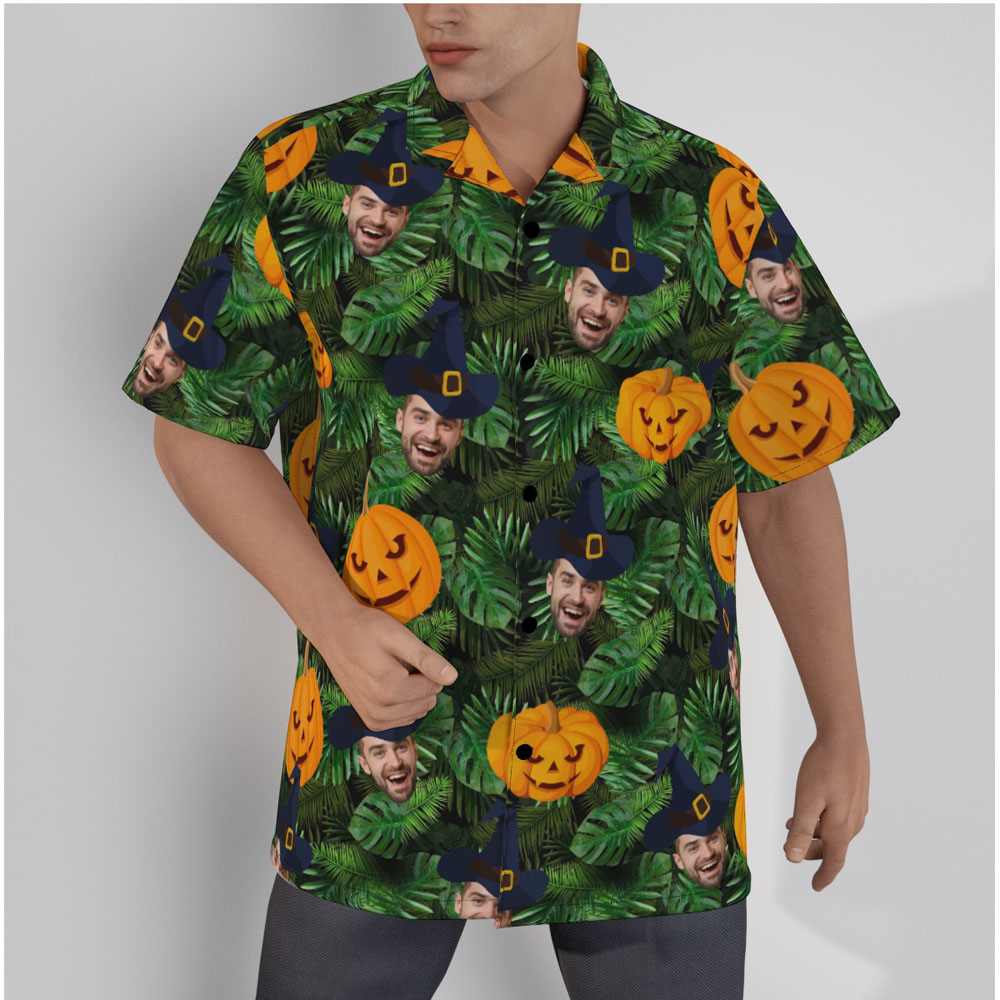 Custom Face Halloween Pumpkin Tropical Hawaiian Shirt - variant image 1