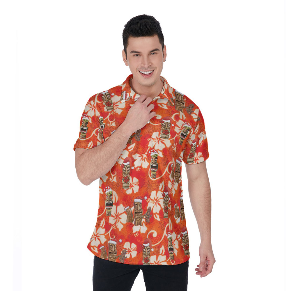 Funny Vintage Christmas Tiki Floral Orange Hawaiian Polo Shirt - variant image 1