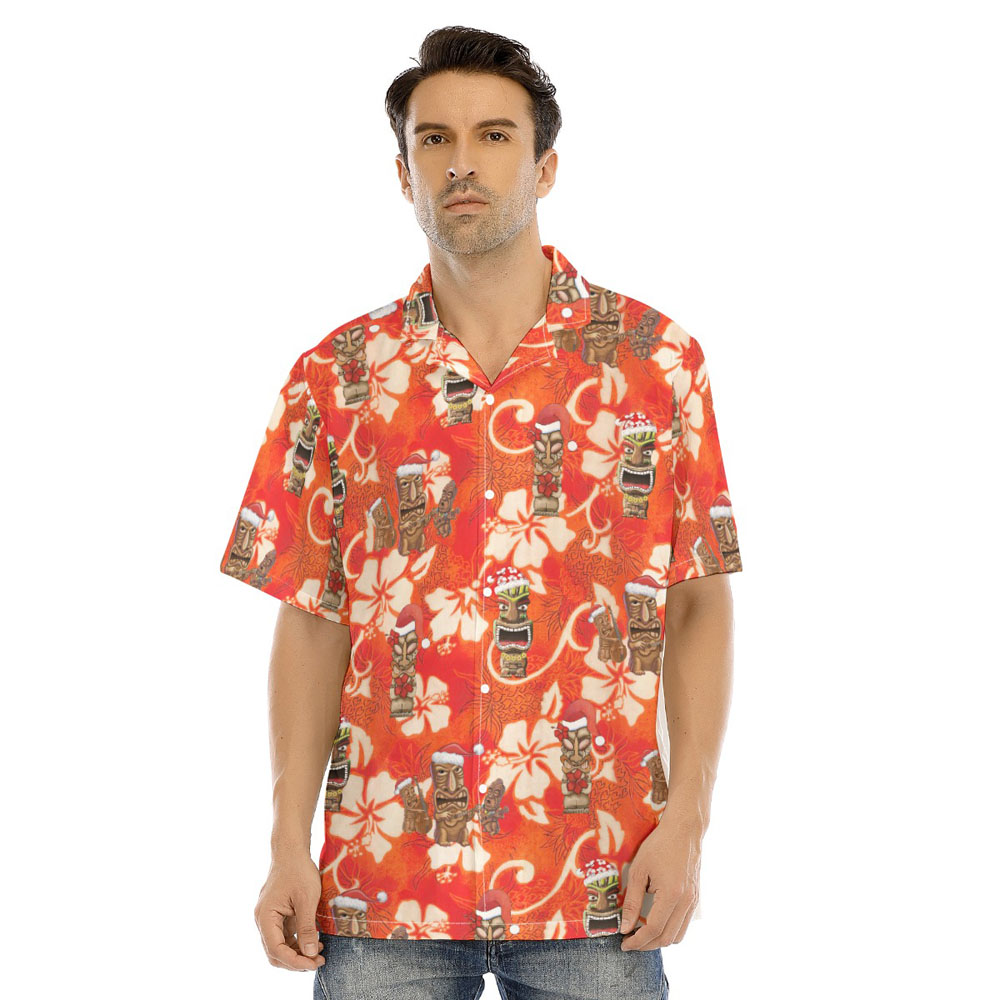 Vintage Christmas Tiki Floral Orange Hawaiian Shirt - variant image 1
