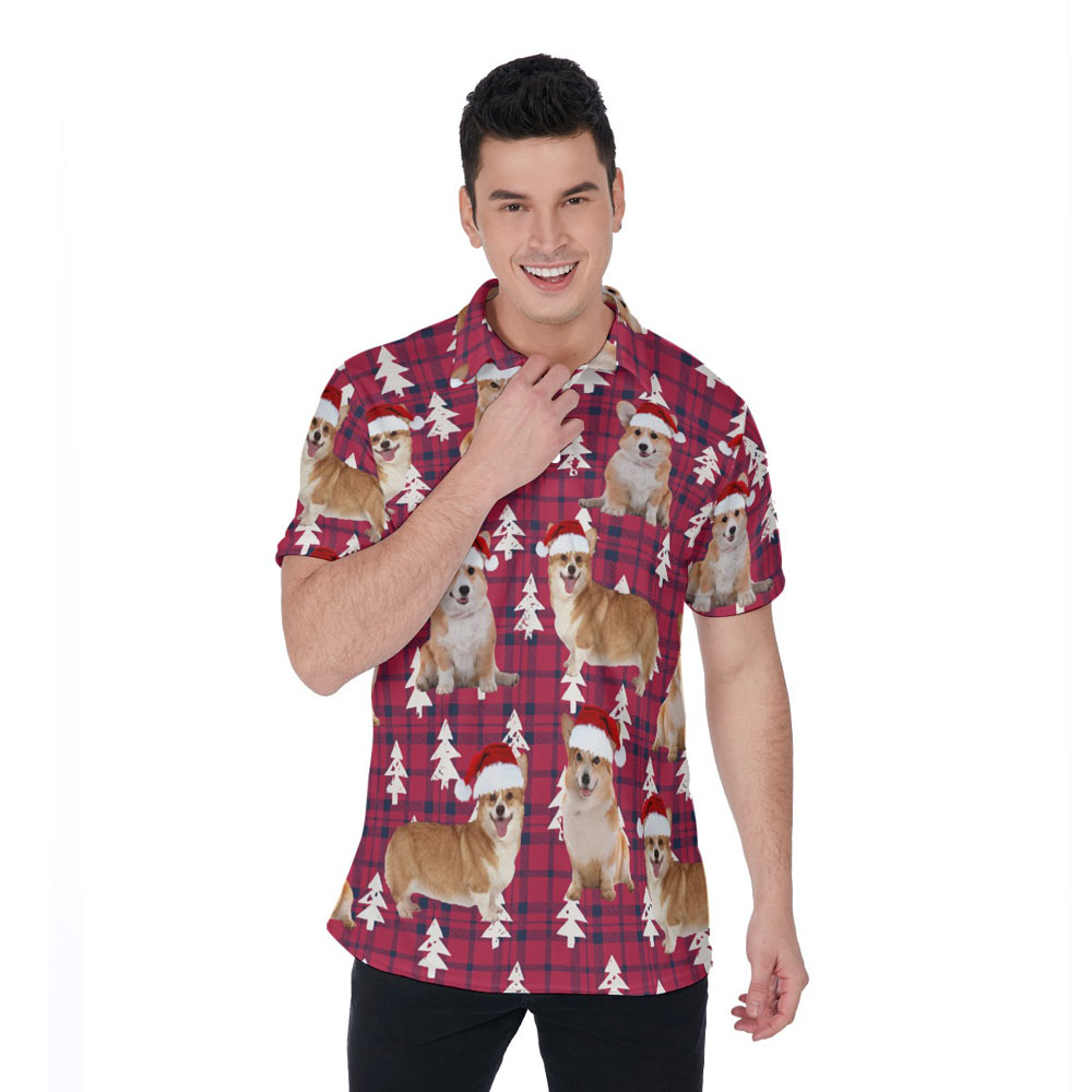 Funny Christmas Corgi Red Checkered Plaid Hawaiian Polo Shirt - variant image 1