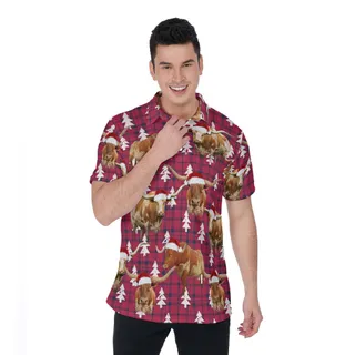 Christmas Texas Longhorn Cow Vintage Hawaiian Polo Golf Shirt