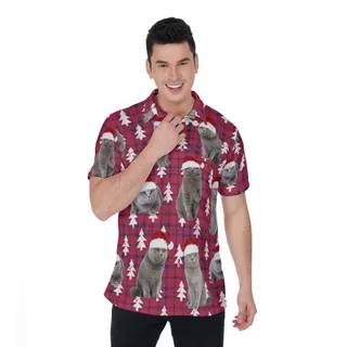 Funny Holiday Bristish Shorthair Cat Christmas Red Hawaiian Polo Shirt
