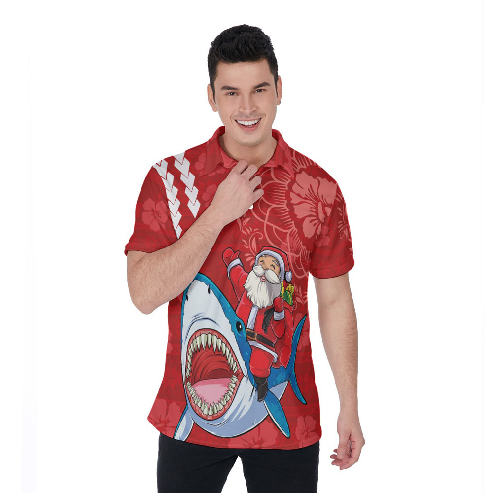 Funny Santa Claus Riding Shark Classic Red Hawaiian Polo Shirt - variant image 1