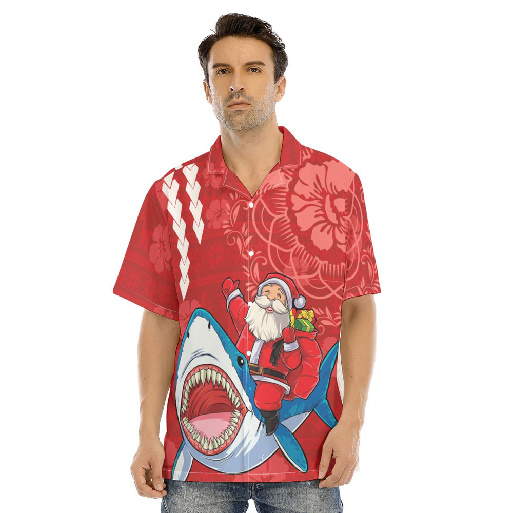 Mele Kalikimaka Santa Riding Shark Vintage Red Hawaiian Shirt - variant image 1