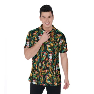 Mele Kalikimaka Santa Tiki Parrot Hawaiian Polo Shirt