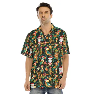 Vintage Tiki Christmas Santa Parrot Hawaiian Shirt