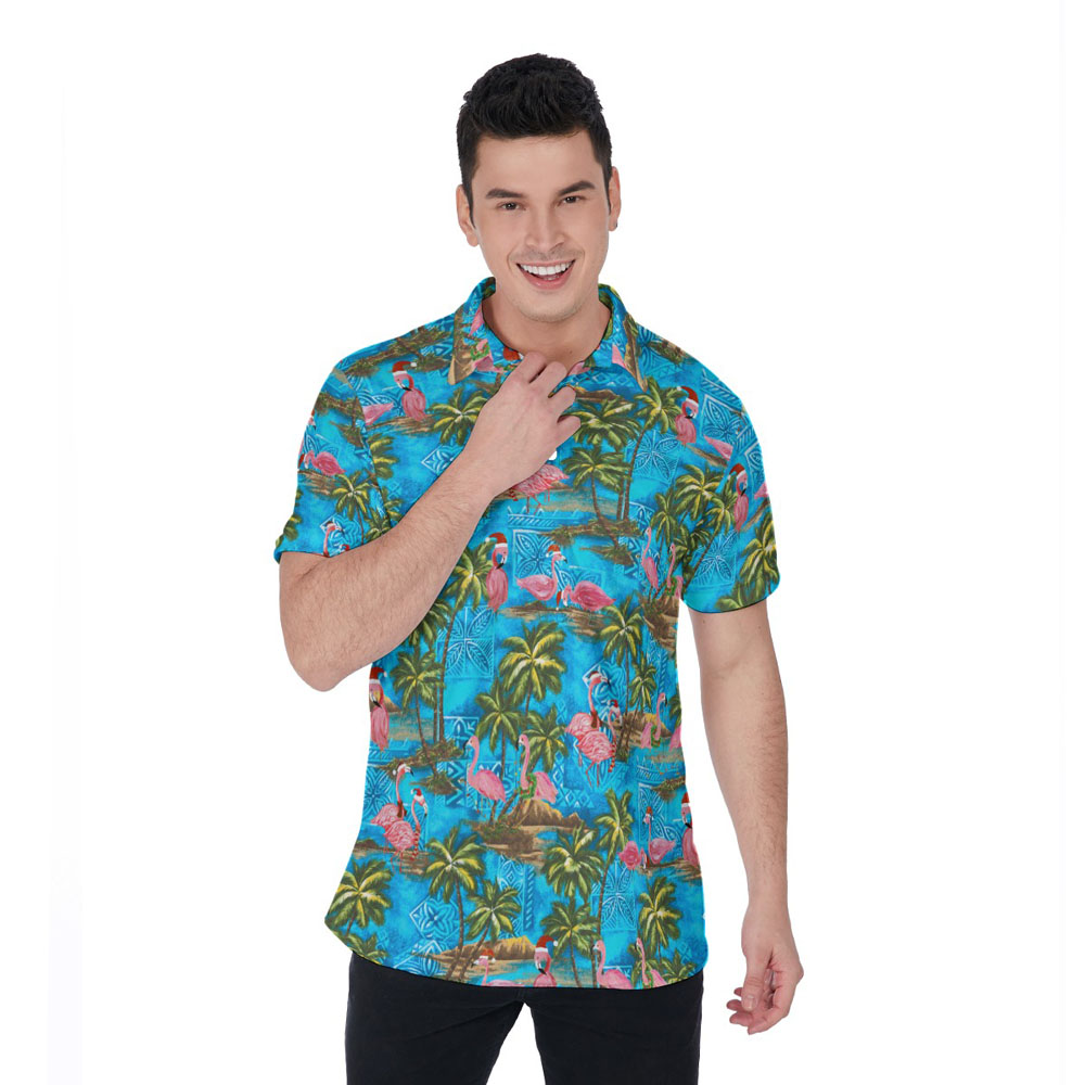 Christmas Flamingo Tropical Blue Hawaiian Polo Shirt For Men - variant image 1