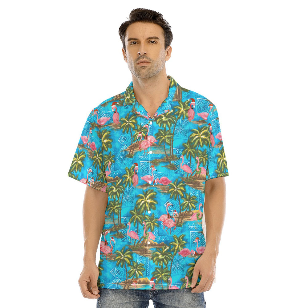 Christmas Flamingo Tropical Palm Tree Blue Hawaiian Shirt - variant image 1