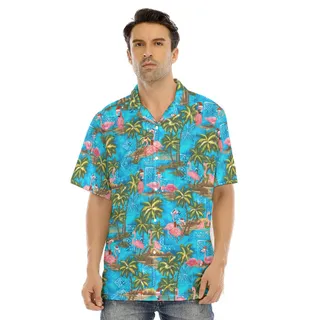 Christmas Flamingo Tropical Palm Tree Blue Hawaiian Shirt