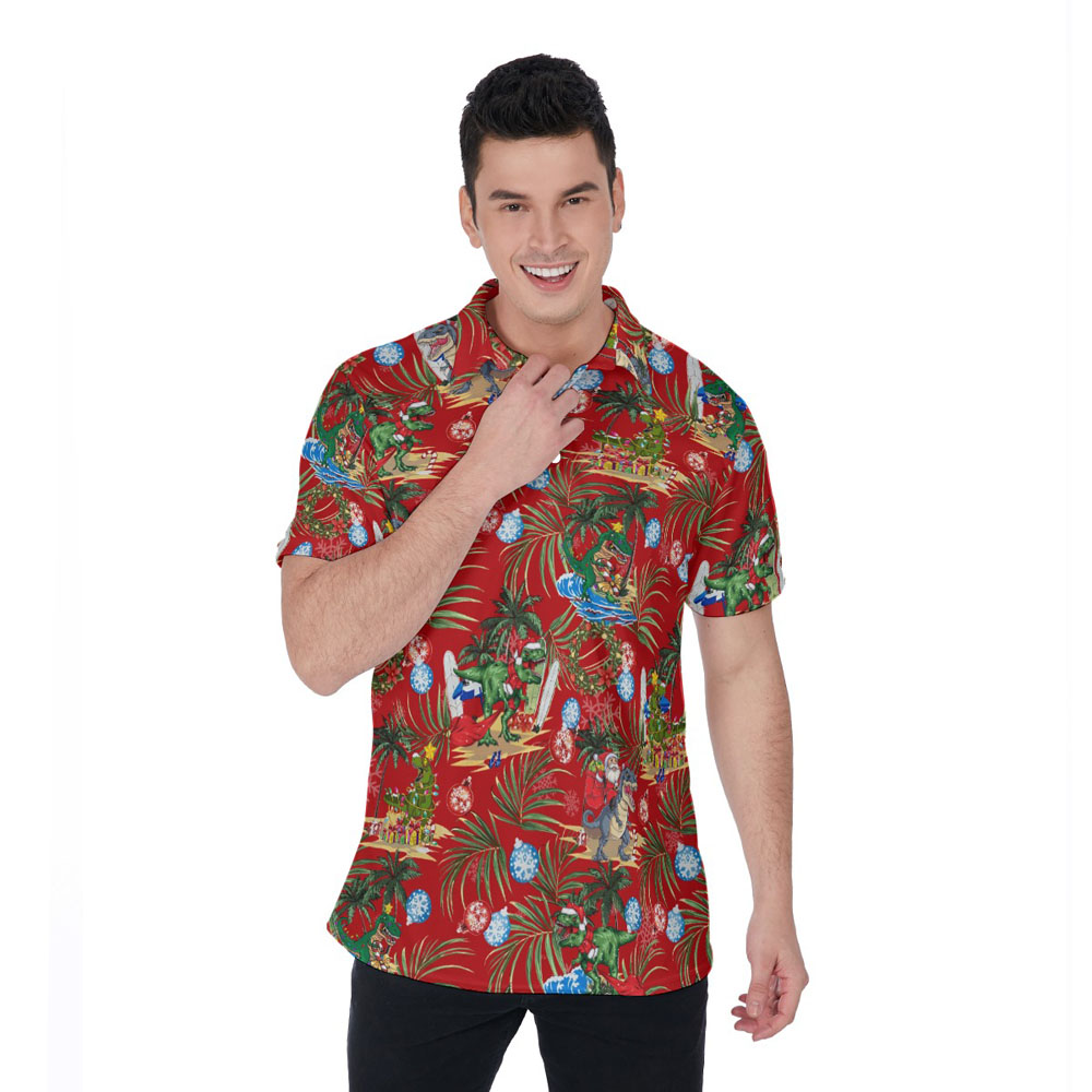 Funny Christmas Dinosaur Red Hawaiian Polo Golf Shirt For Men - variant image 1