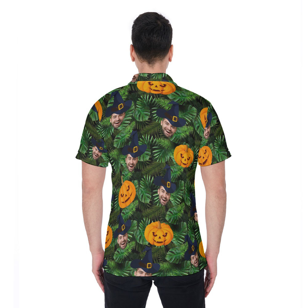 Funny Custom Face With Witch's Hat Halloween Pumpkin Hawaiian Polo Shirt
