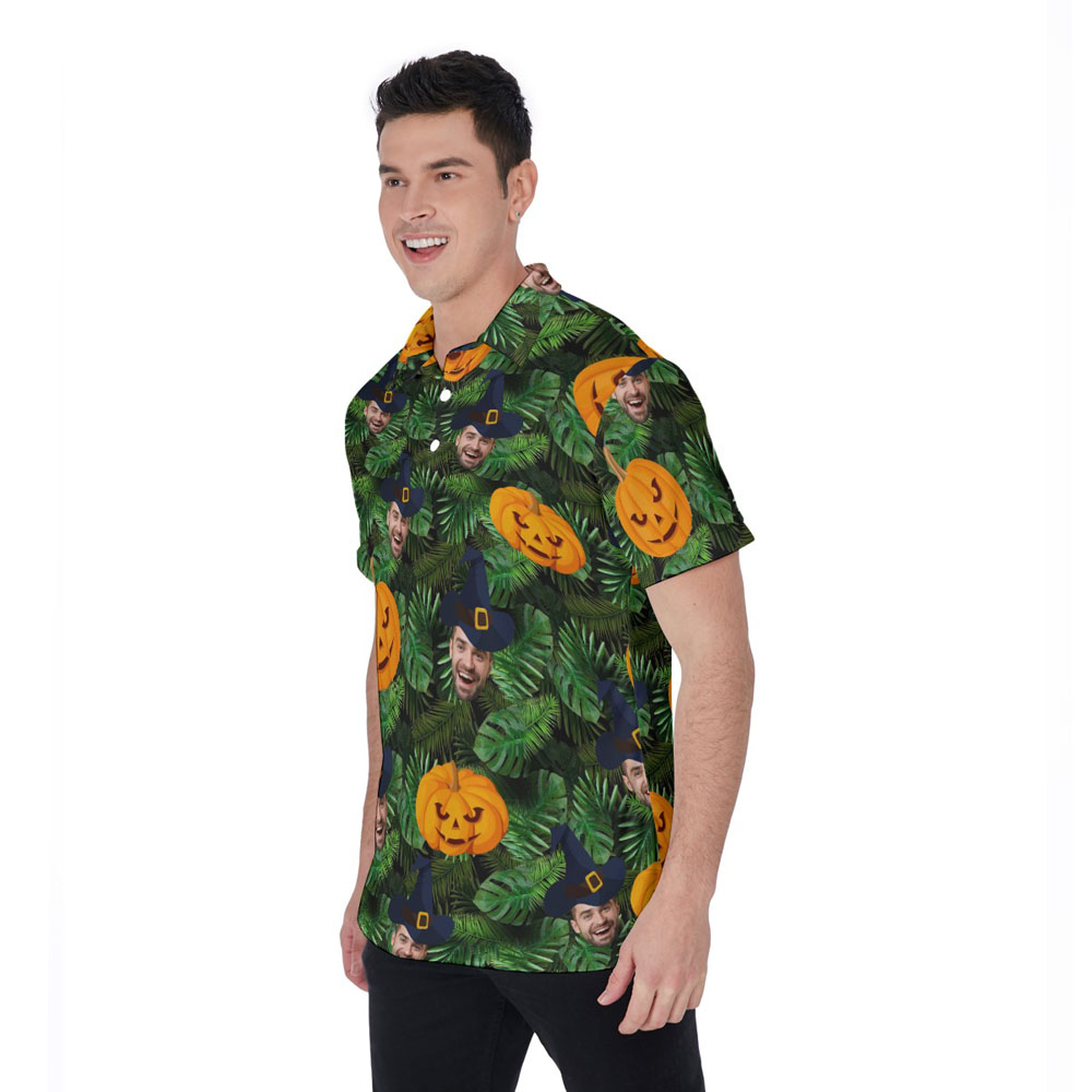 Funny Custom Face With Witch's Hat Halloween Pumpkin Hawaiian Polo Shirt