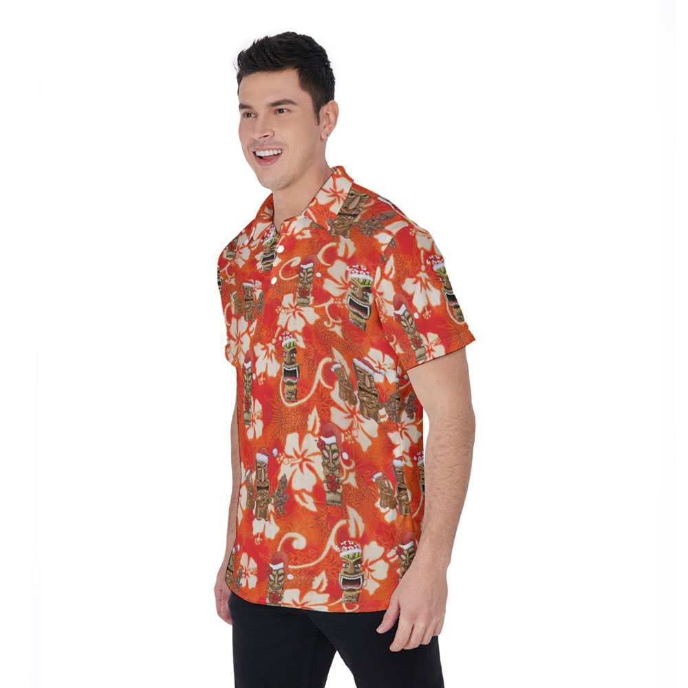 Funny Vintage Christmas Tiki Floral Orange Hawaiian Polo Shirt