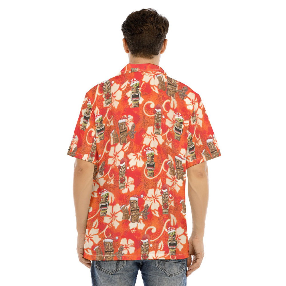 Vintage Christmas Tiki Floral Orange Hawaiian Shirt