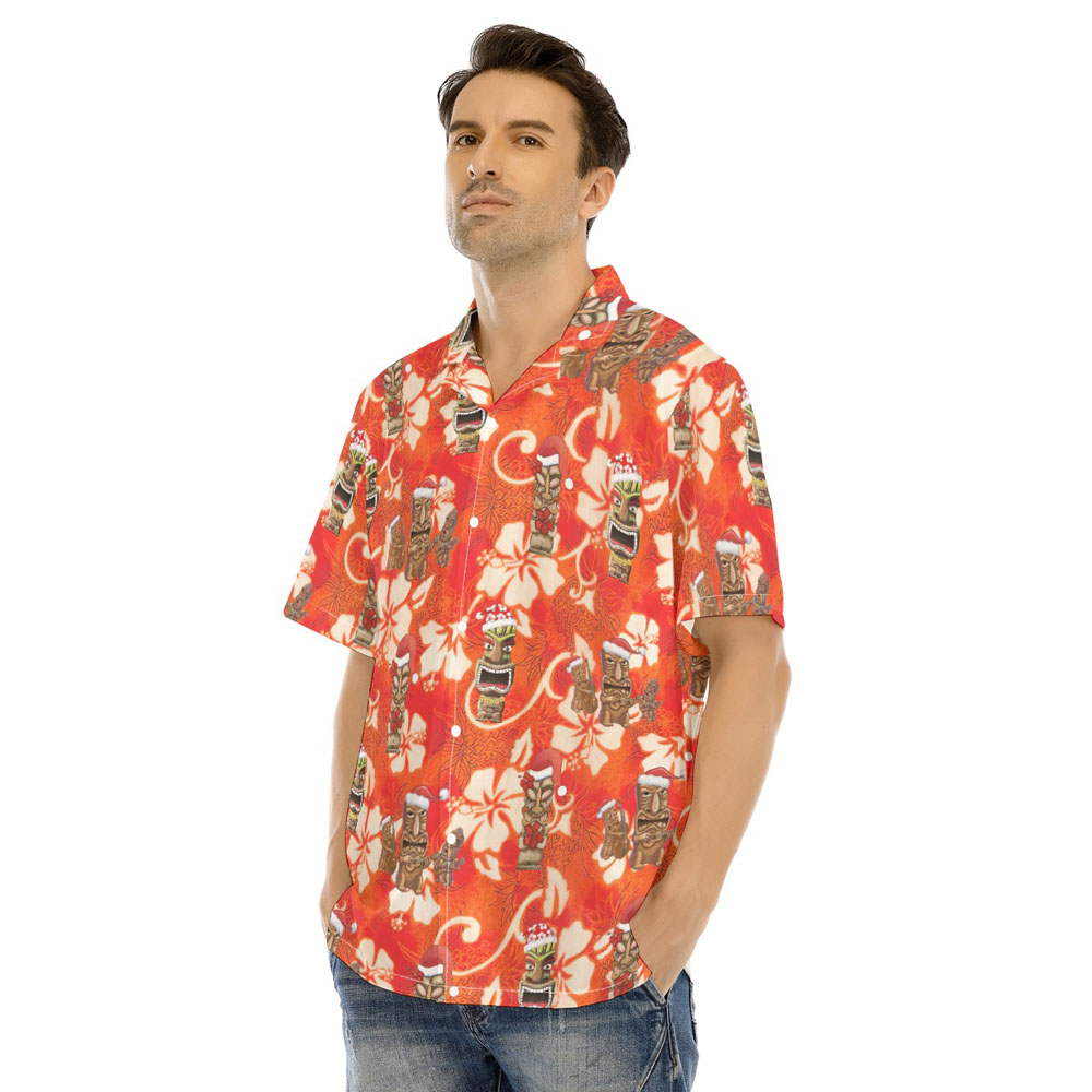 Vintage Christmas Tiki Floral Orange Hawaiian Shirt