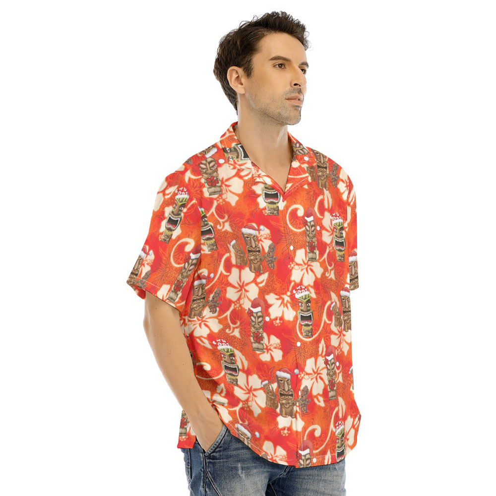 Vintage Christmas Tiki Floral Orange Hawaiian Shirt