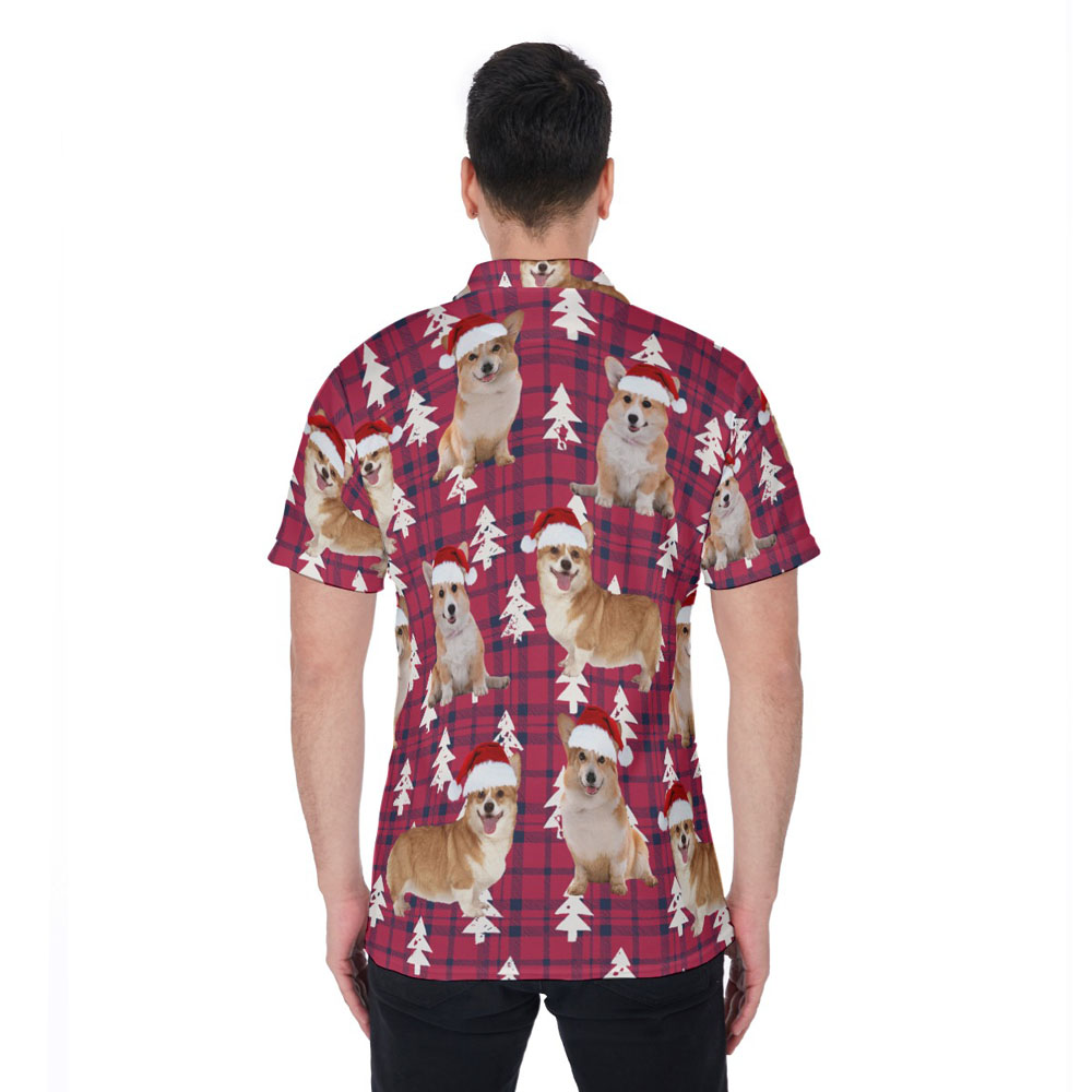 Funny Christmas Corgi Red Checkered Plaid Hawaiian Polo Shirt