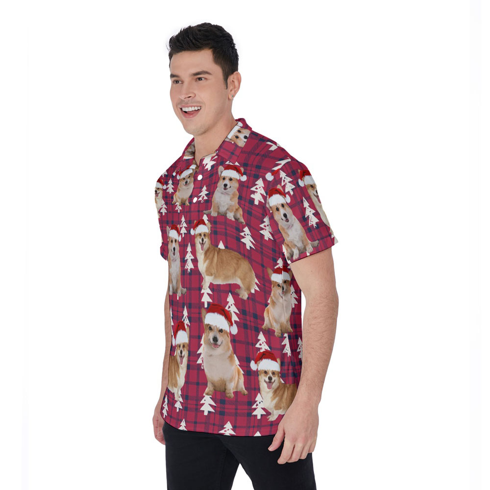 Funny Christmas Corgi Red Checkered Plaid Hawaiian Polo Shirt