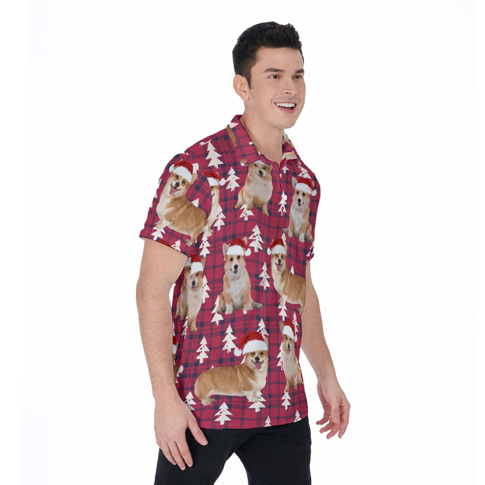 Funny Christmas Corgi Red Checkered Plaid Hawaiian Polo Shirt
