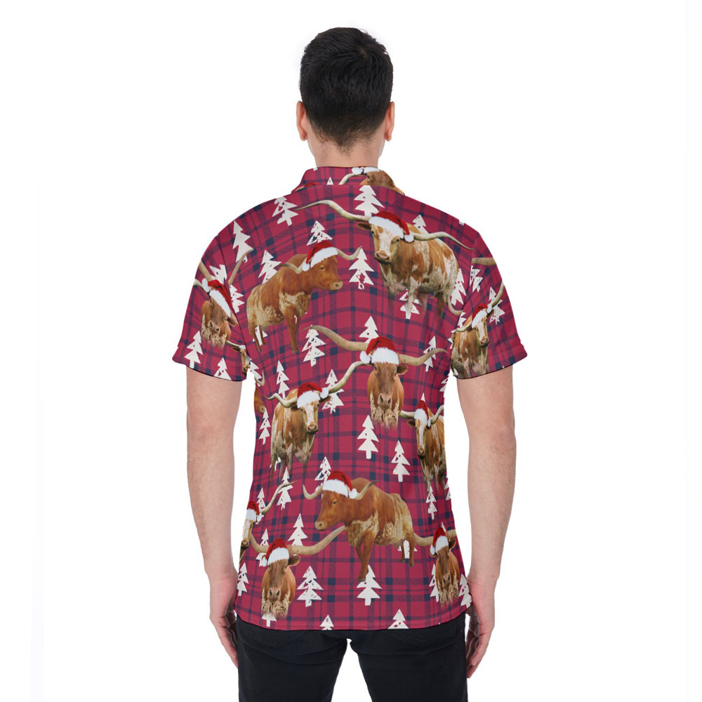 Christmas Texas Longhorn Cow Vintage Hawaiian Polo Golf Shirt