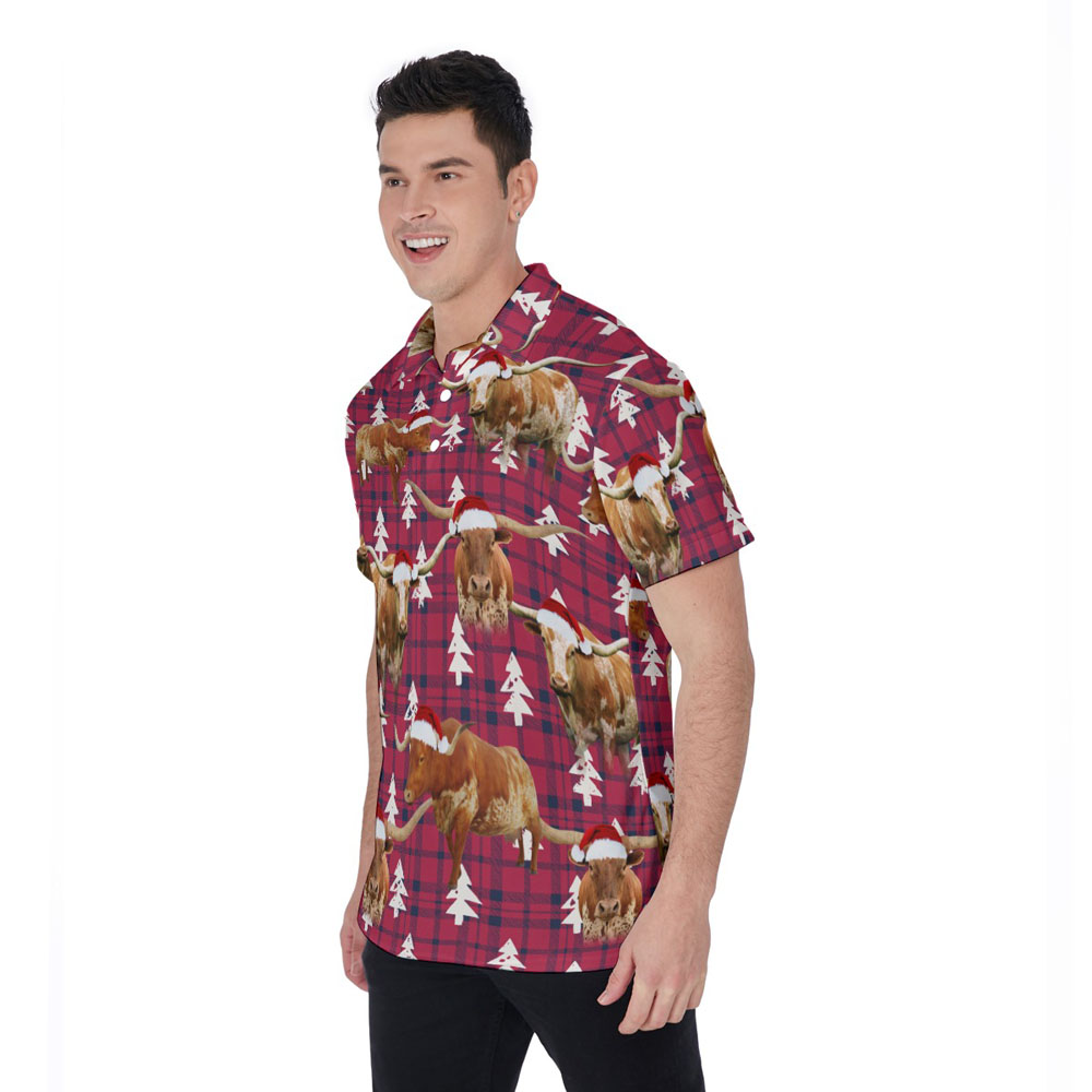 Christmas Texas Longhorn Cow Vintage Hawaiian Polo Golf Shirt