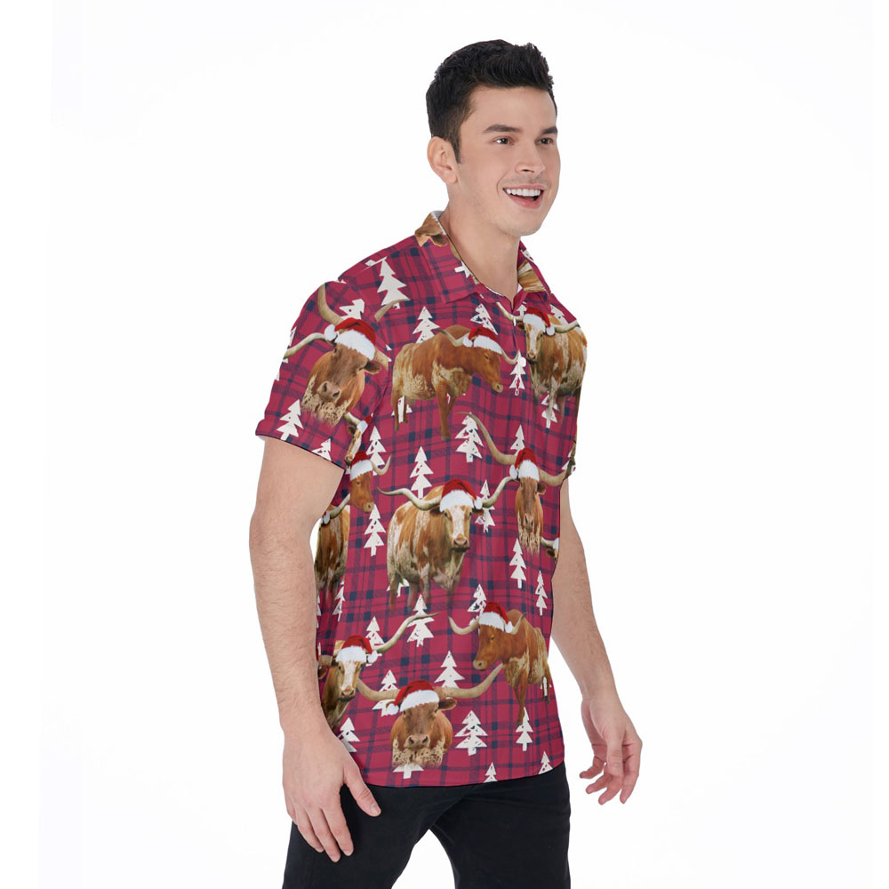 Christmas Texas Longhorn Cow Vintage Hawaiian Polo Golf Shirt