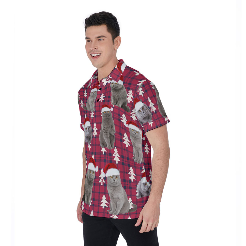 Funny Holiday Bristish Shorthair Cat Christmas Red Hawaiian Polo Shirt