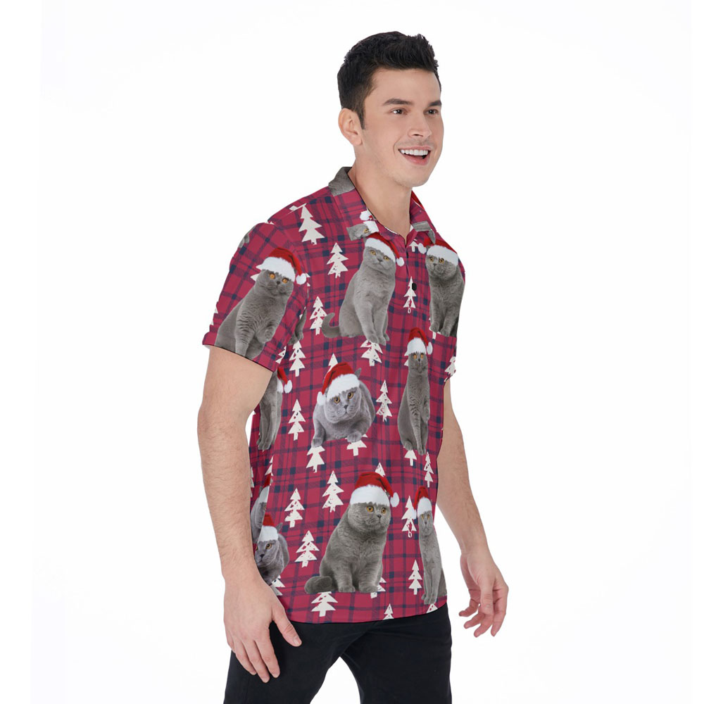 Funny Holiday Bristish Shorthair Cat Christmas Red Hawaiian Polo Shirt