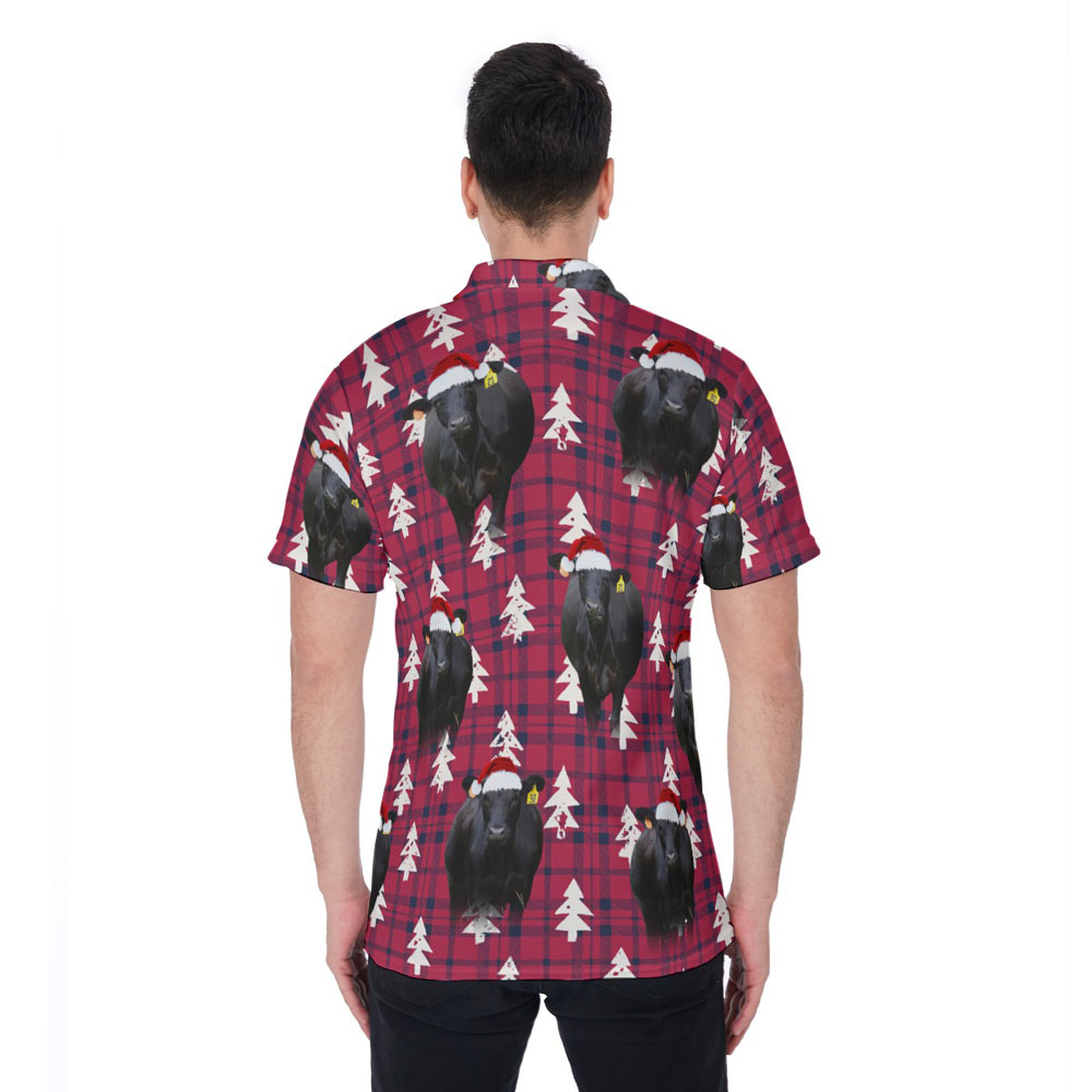 Black Angus Cow Christmas Buffalo Plaid Aloha Polo Shirt For Men