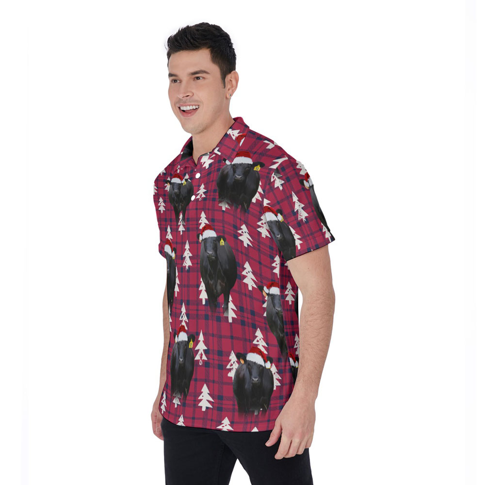 Black Angus Cow Christmas Buffalo Plaid Aloha Polo Shirt For Men