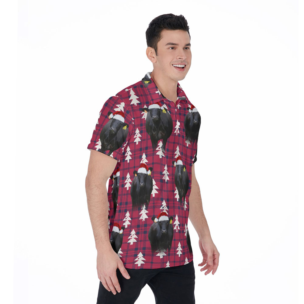 Black Angus Cow Christmas Buffalo Plaid Aloha Polo Shirt For Men