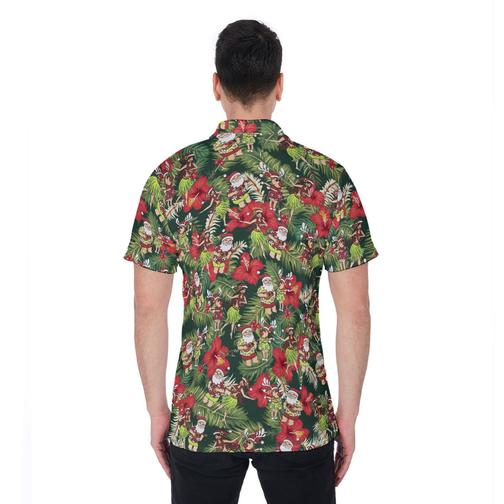 Funny Santa Claus Hula Christmas Floral Hawaiian Polo Shirt For Men