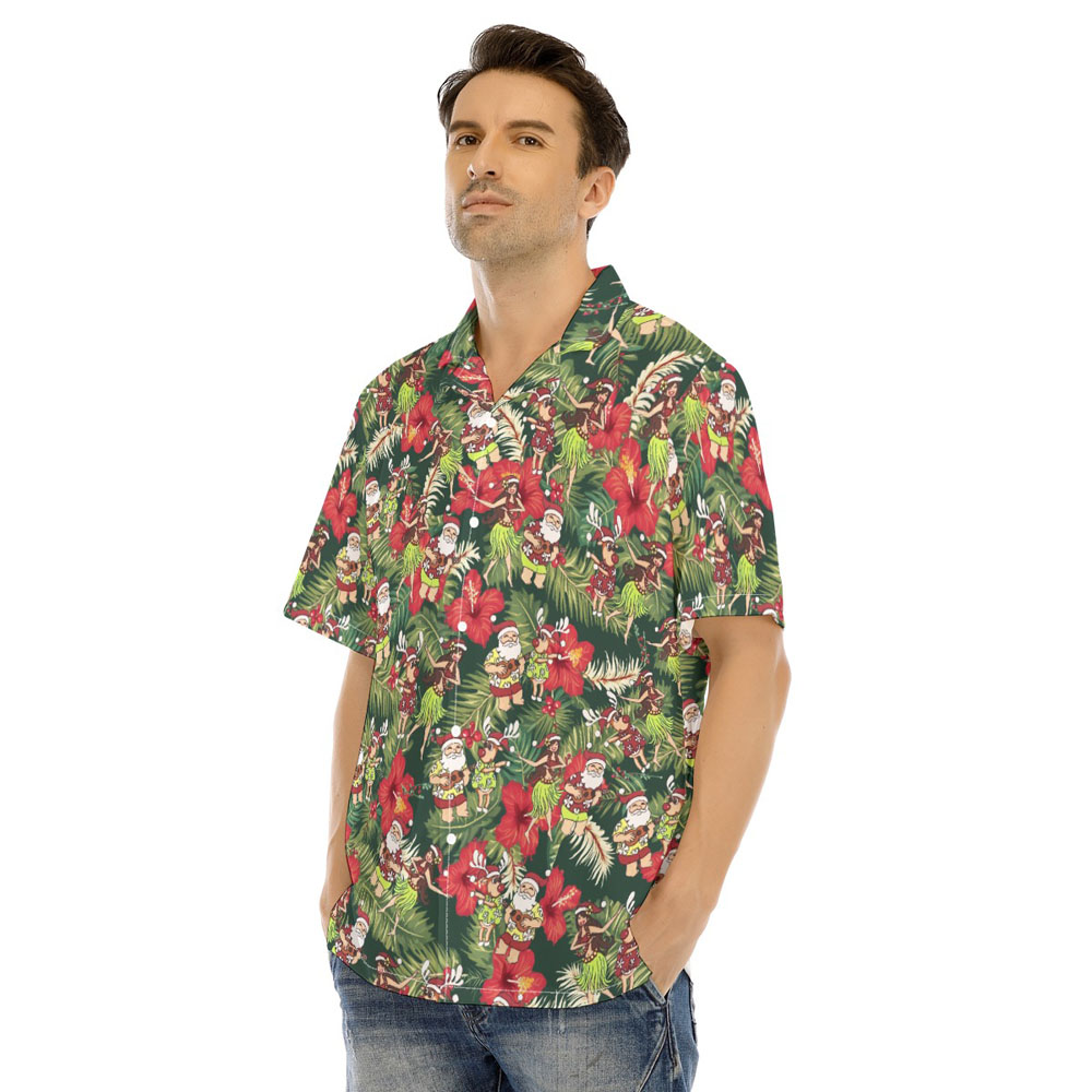 Hula Santa Claus Mele Kalikimaka Floral Hawaiian Shirt