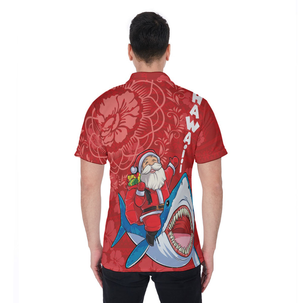 Funny Santa Claus Riding Shark Classic Red Hawaiian Polo Shirt