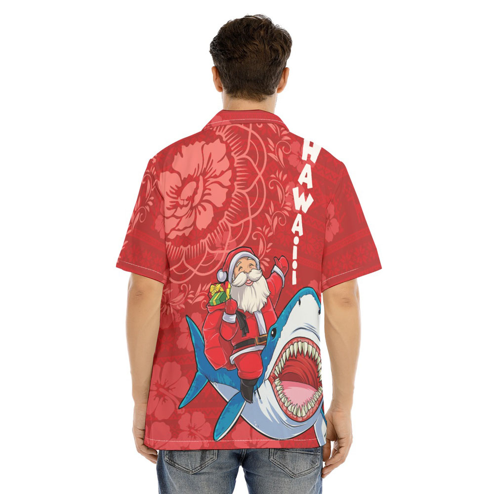 Mele Kalikimaka Santa Riding Shark Vintage Red Hawaiian Shirt