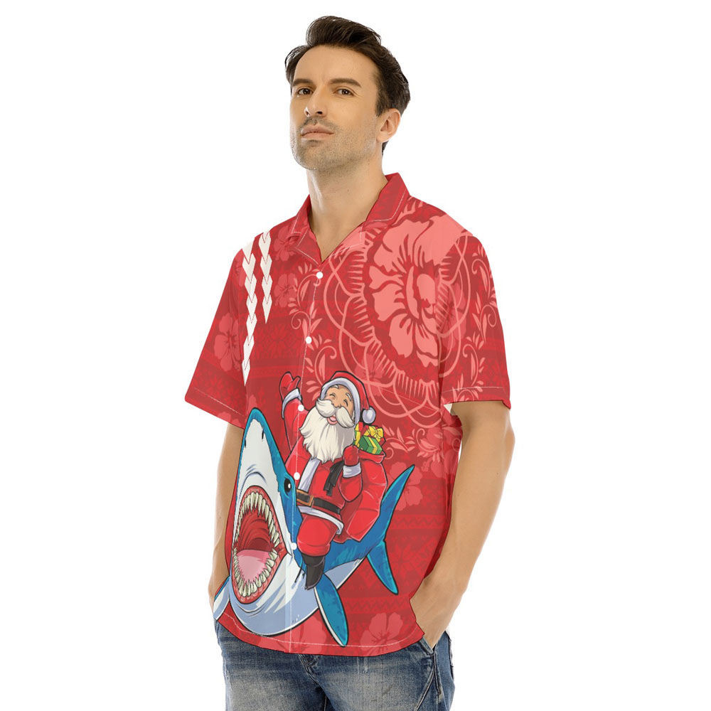 Mele Kalikimaka Santa Riding Shark Vintage Red Hawaiian Shirt