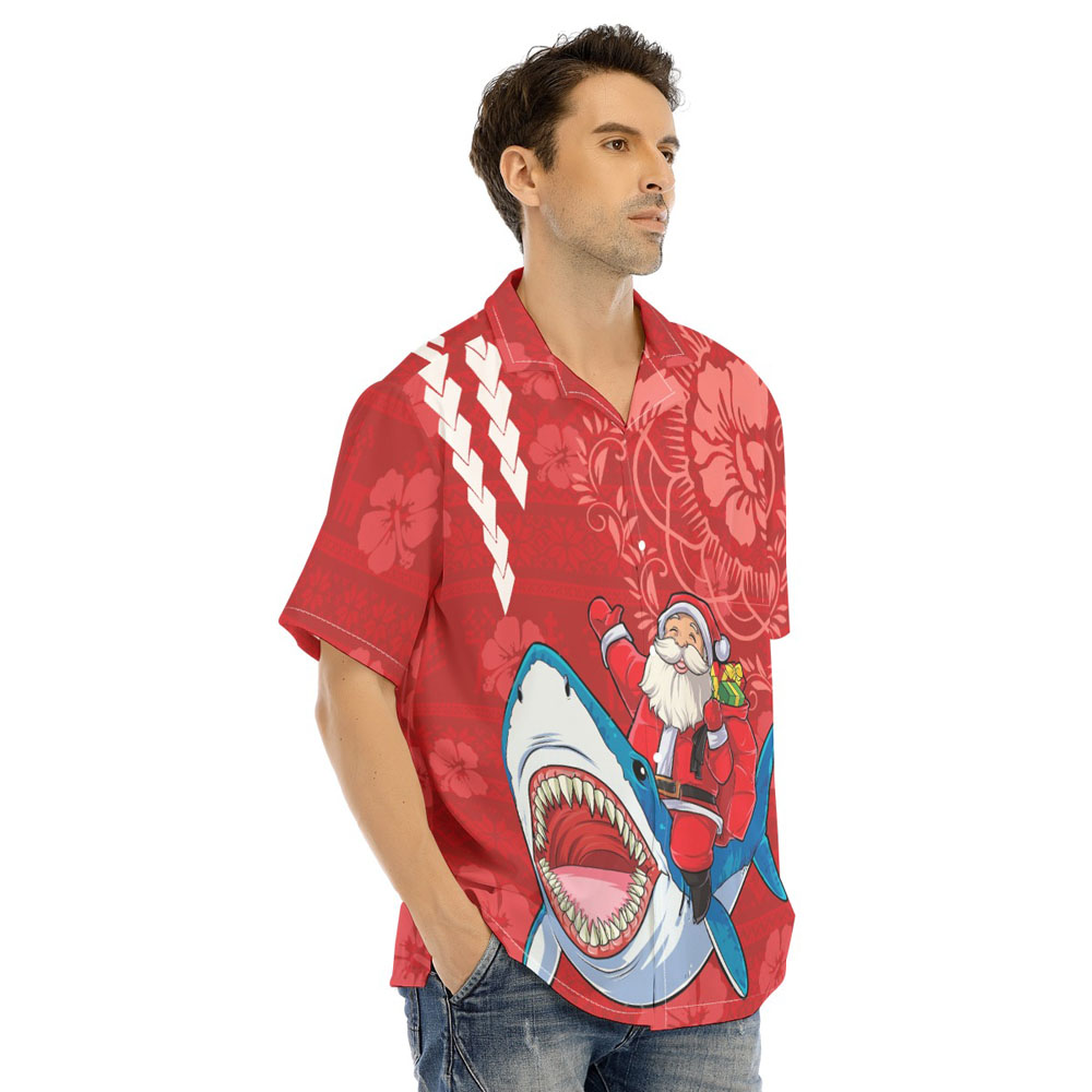Mele Kalikimaka Santa Riding Shark Vintage Red Hawaiian Shirt