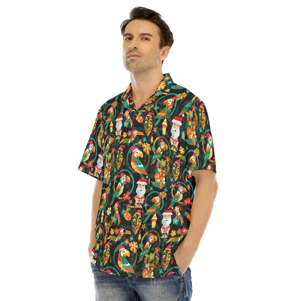 Vintage Tiki Christmas Santa Parrot Hawaiian Shirt