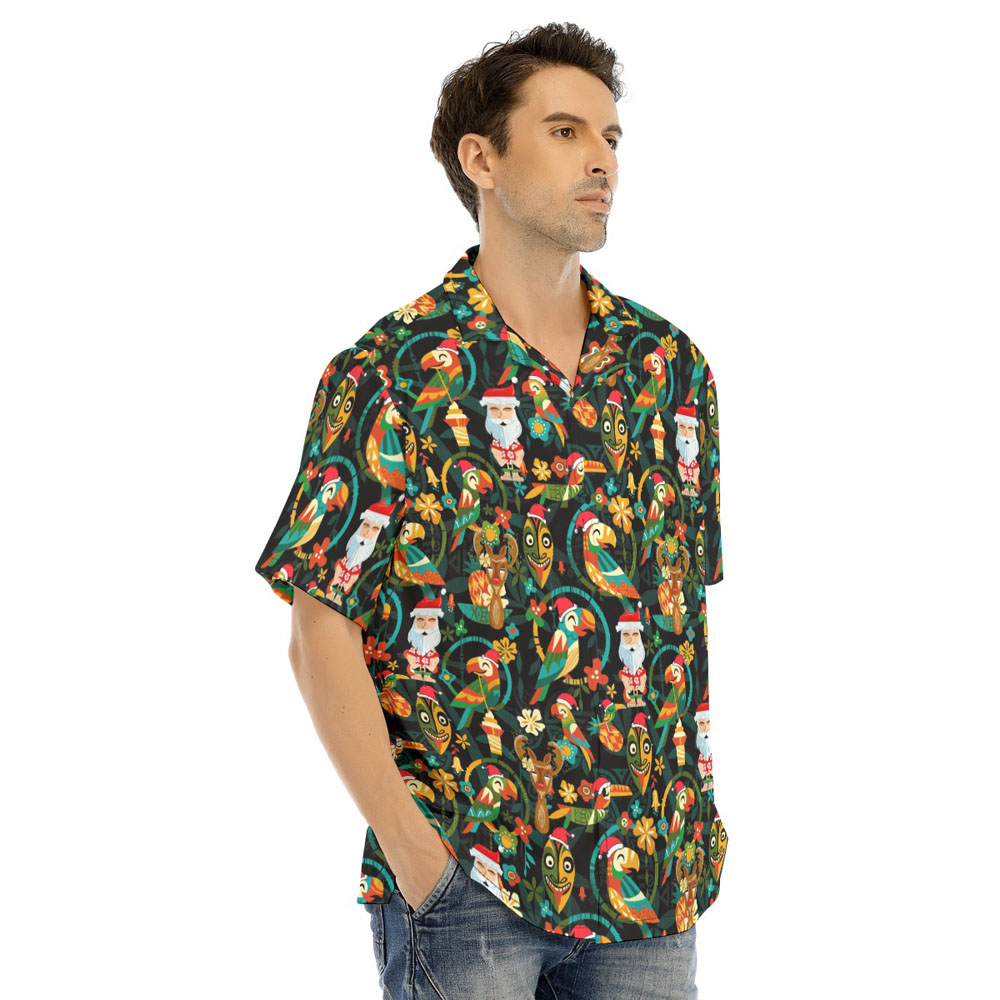Vintage Tiki Christmas Santa Parrot Hawaiian Shirt