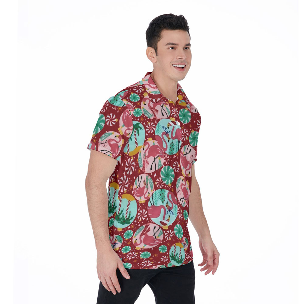 Vintage Christmas Flamingo Hawaiian Polo Shirt For Men