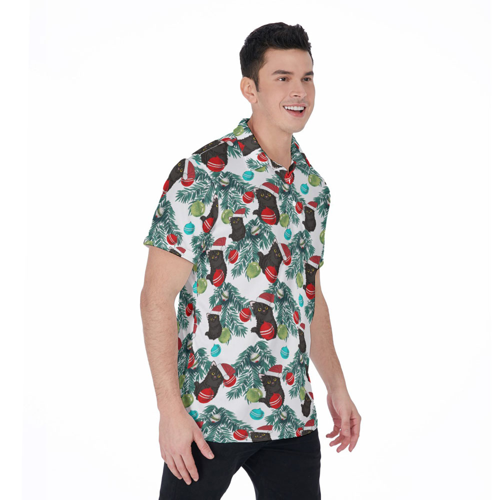 Cute Cat Christmas Hawaiian Polo Golf Shirt For Men