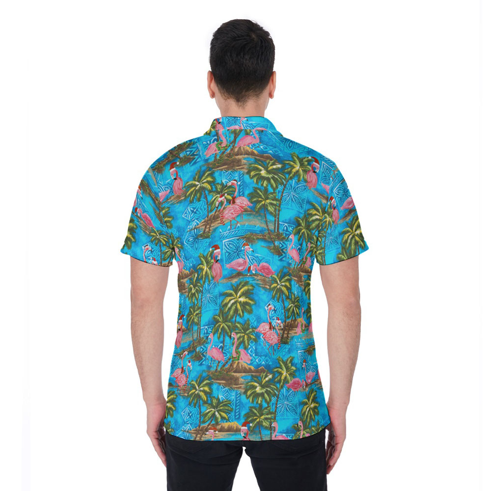 Christmas Flamingo Tropical Blue Hawaiian Polo Shirt For Men
