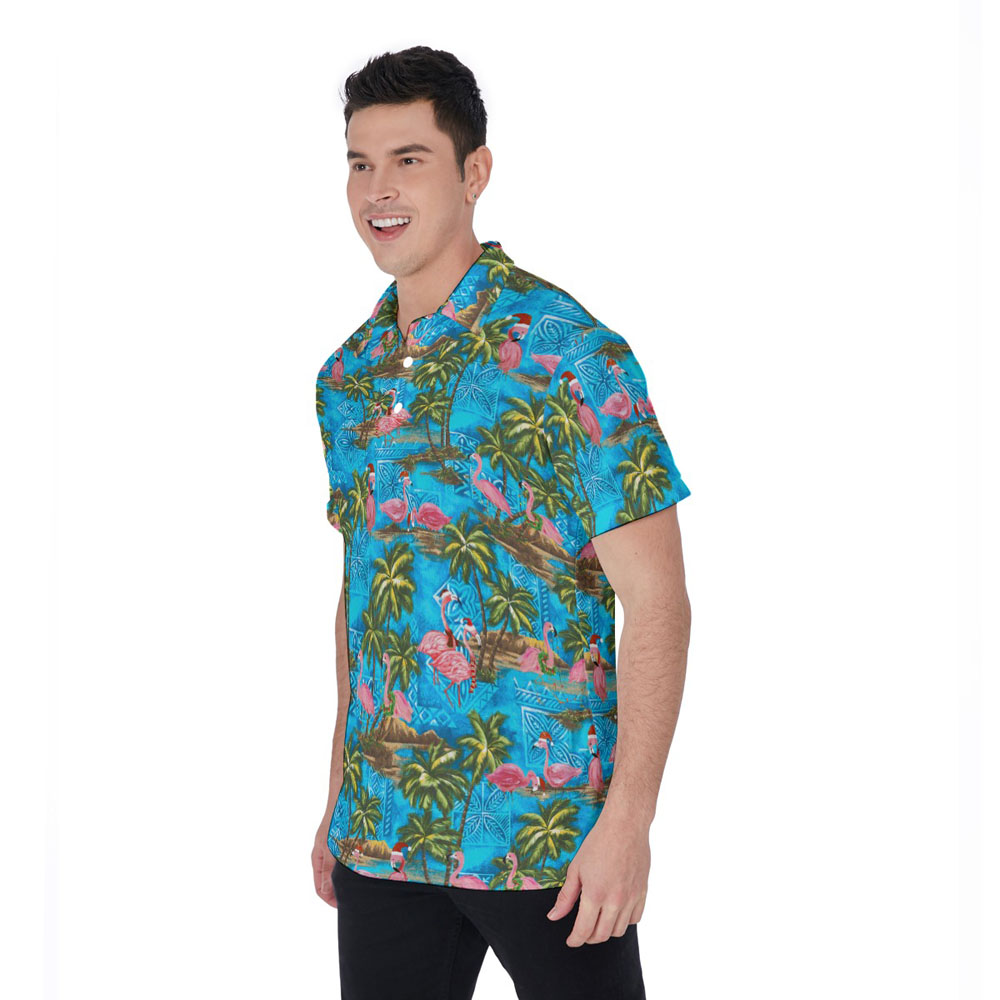 Christmas Flamingo Tropical Blue Hawaiian Polo Shirt For Men