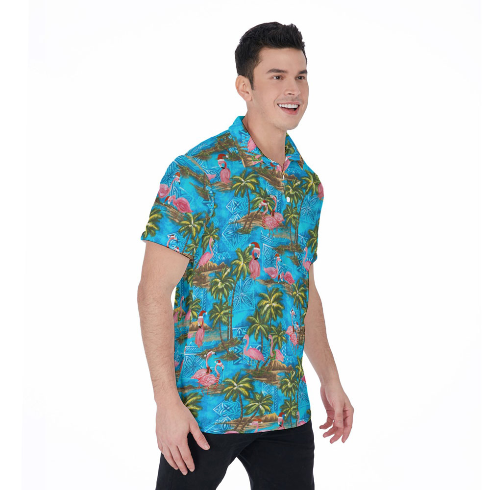 Christmas Flamingo Tropical Blue Hawaiian Polo Shirt For Men