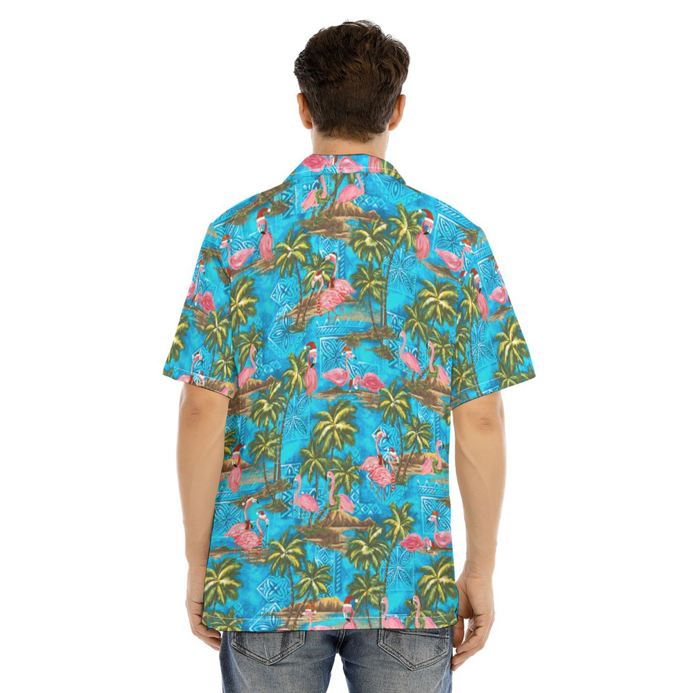 Christmas Flamingo Tropical Palm Tree Blue Hawaiian Shirt