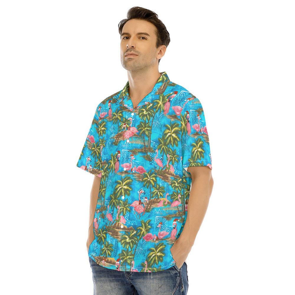 Christmas Flamingo Tropical Palm Tree Blue Hawaiian Shirt