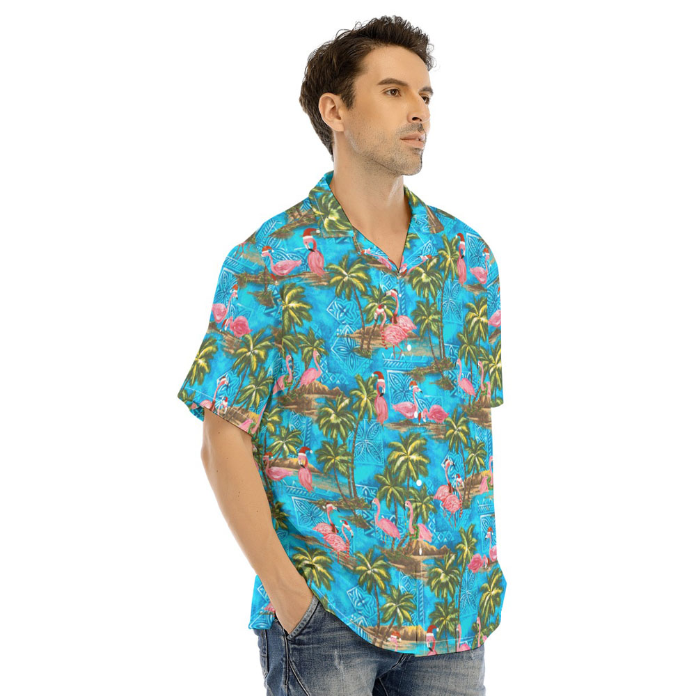 Christmas Flamingo Tropical Palm Tree Blue Hawaiian Shirt