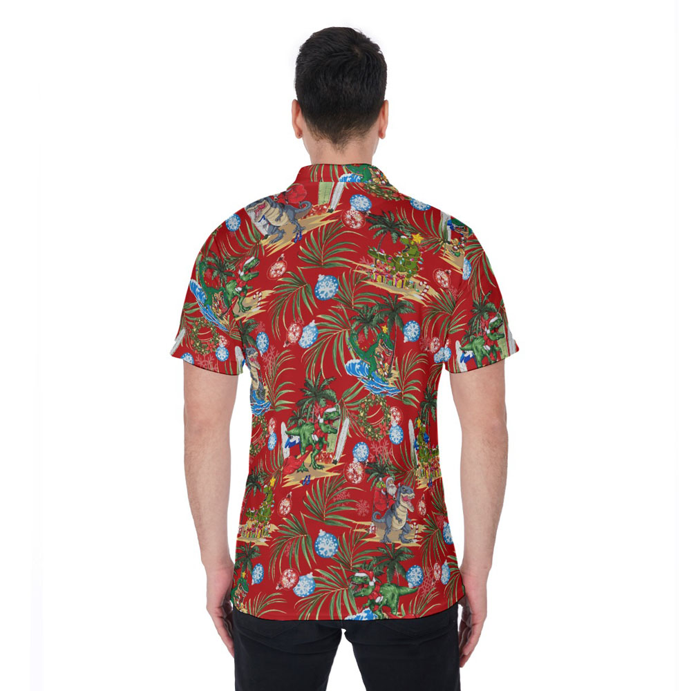Funny Christmas Dinosaur Red Hawaiian Polo Golf Shirt For Men