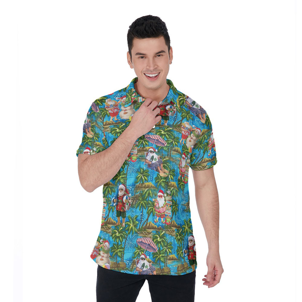 Christmas Santa On Beach Tropical Palm Tree Hawaiian Polo Shirt - variant image 1
